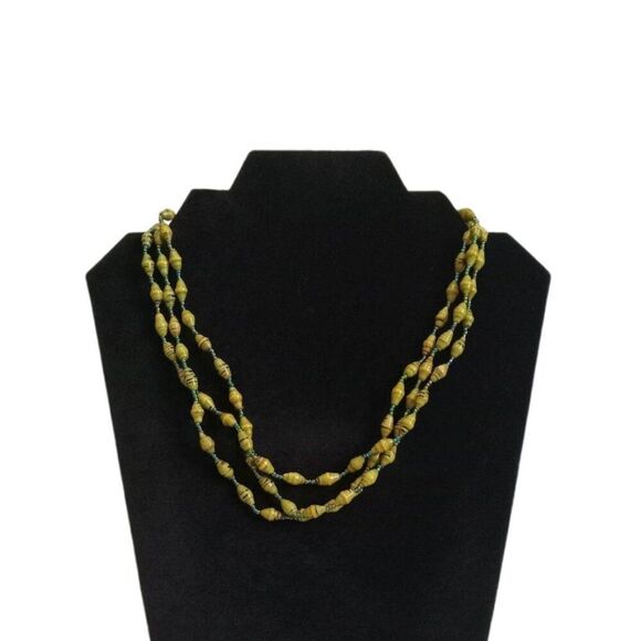 Bright Green Striped Paper and Seed Beaded Lightweight Triple Strand Necklace - Picture 1 of 9
